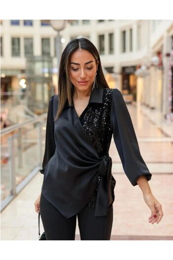 Fashionbox Women's V-Neck Sleeve Elastic Semi Sequined Side Tie Satin Blouse
