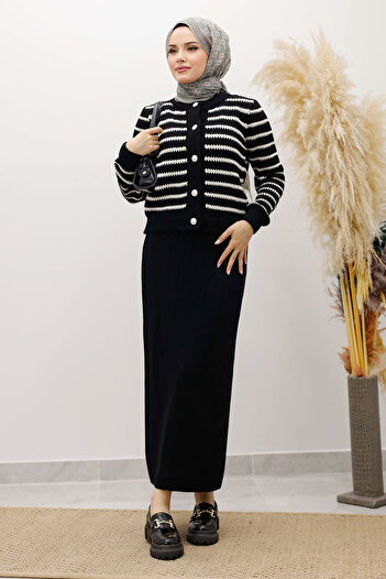 Tesettür Dünyası Striped Knitwear Cardigan Tsd250228 Black
