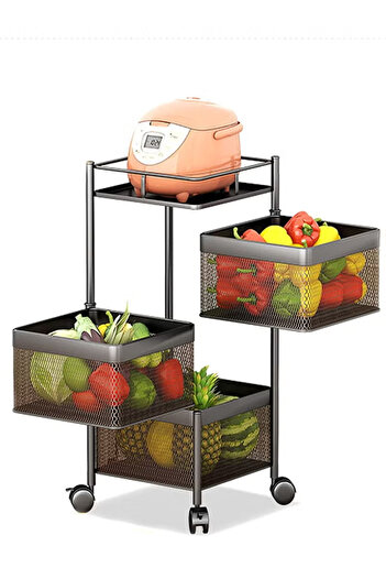 Primo Plus 3Tier Square Movable Iron Vegetable Basket with Wheels - Black