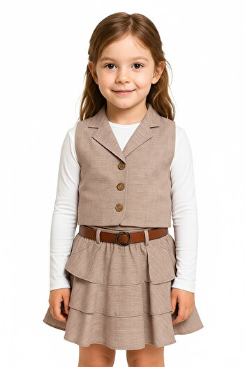 Merdia Girl's Linen Vest, Skirt and White Blouse 3-Piece Set (with Belt Accessory)