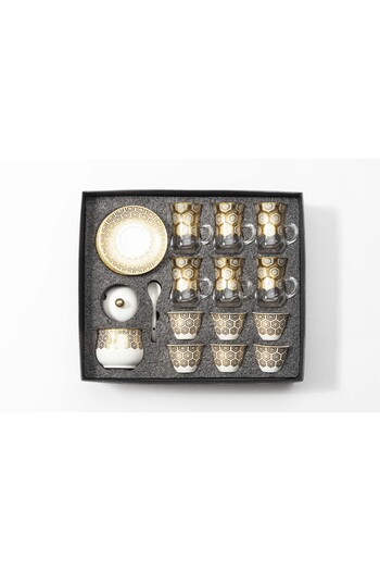 Bin Shihoun 21-piece tea and coffee serving set with a distinctive rose gold pattern