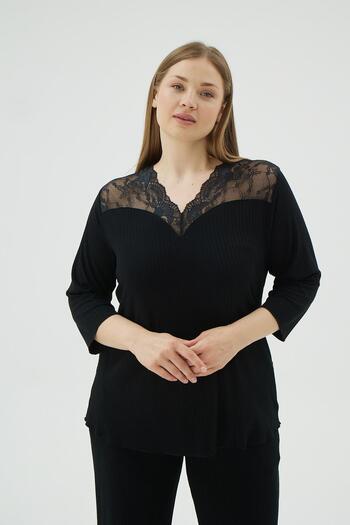 Sevim Women's Plus Size Lace Detailed Long Sleeve Black Pajama Set C4T3N071