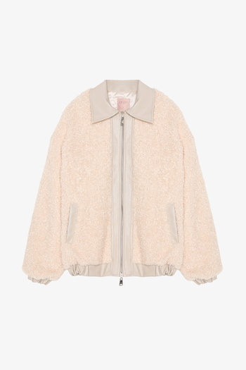 Quzu Leather Garnished Plush Short Coat Beige