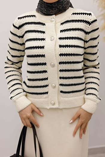 Tesettür Dünyası Striped Knitwear Cardigan Tsd250228 Beige