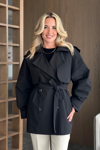 Laluvia Black Miyabi Windbreaker Detailed Belted Short Trench Coat - 7556