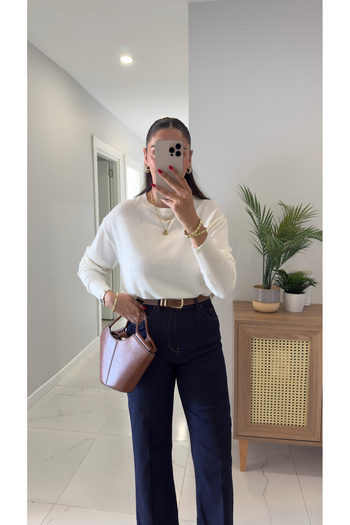 BİRCANÇİL Dlvin Friday Ecru Crew Neck Basic Knitwear