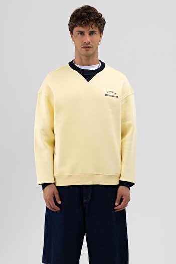 VAMOSCLO Oversize Bisiklet Yaka Baskılı Sweatshirt Sarı