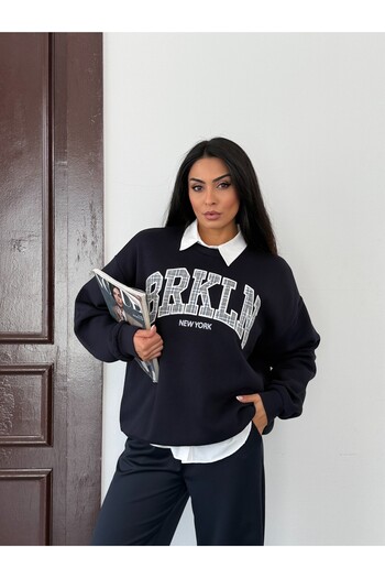 NOA LİNE Navy Blue Oversize Soft Textured Women's Sweat 2143