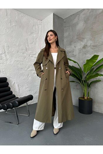 Elif Özbey Butik Khaki Belted Maxi Trench Coat