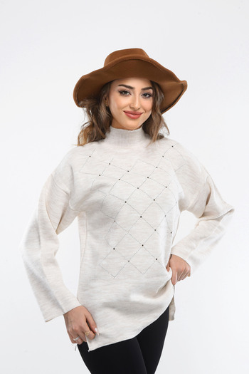 H&E LUXURY DESIGN Tunica tricotată cu jumătate de gât cu broderie crem pentru femei