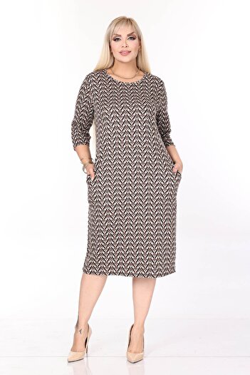 modayız Double Pocket Patterned Stretchy Winter Plus Size Midi Dress 44D-2709