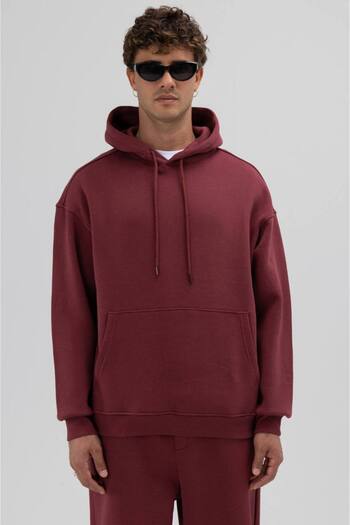 İLKCET MODA Plain Hooded Burgundy Unisex Oversize Sweatshirt