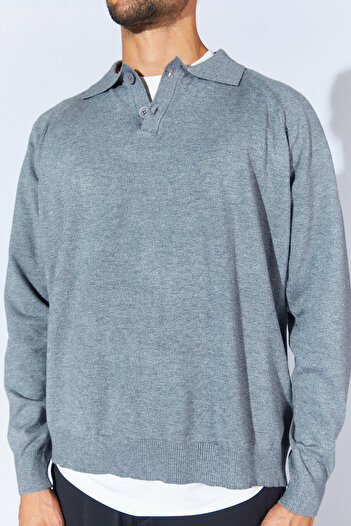 Manche Polo Yaka Düğmeli Reglan Kol Kazak - Gri | MEW515228-01