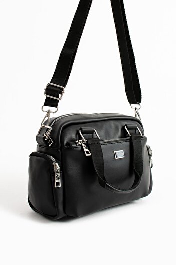 CCWAY AYAKKABI Women's Multi-Compartment Satin Adjustable Crossbody Strap Hand and Shoulder Bag Black Matte