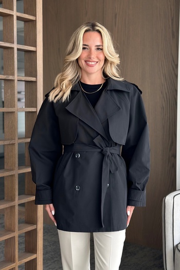 Laluvia Black Miyabi Windbreaker Detailed Belted Short Trench Coat - 7556
