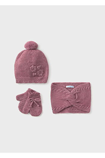MAYORAL Girl's Pompom Scarf Beanie Gloves Set Pink 10019