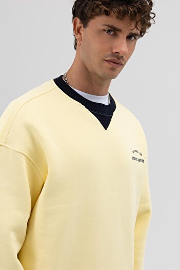 VAMOSCLO Oversize Bisiklet Yaka Baskılı Sweatshirt Sarı