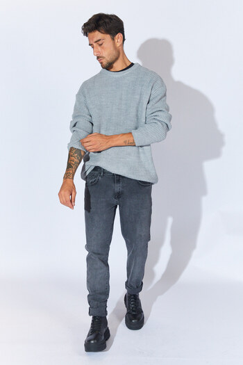 Manche Bisiklet Yaka Oversize Basic Kazak - Gri Melanj | MEW515256-01