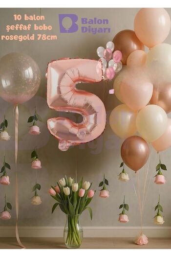 BALON DİYARI 5 Year Old Rosegold Birthday Set with Transparent Bobo Gift