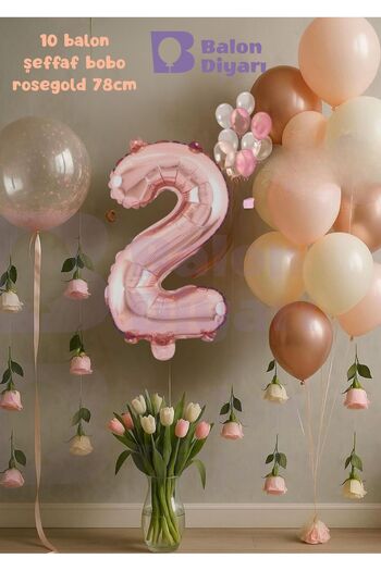 BALON DİYARI 2 Year Old Rosegold Birthday Set with Transparent Bobo Gift