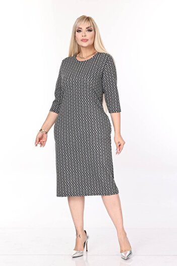 modayız Double Pocket Patterned Stretchy Winter Plus Size Midi Dress 44D-2710
