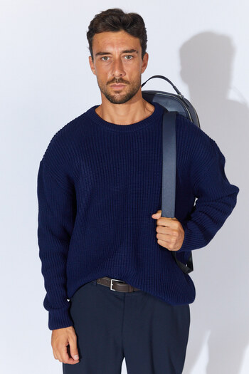 Manche Bisiklet Yaka Oversize Basic Kazak - Lacivert | MEW515256-01