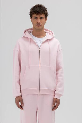 İLKCET MODA Zippered Pink Premium Unisex Oversize Hoodie Hooded Sweatshirt