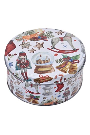 SHOPIENS Round Metal Storage Tin, Christmas Figures, White, 13.5x6 cm