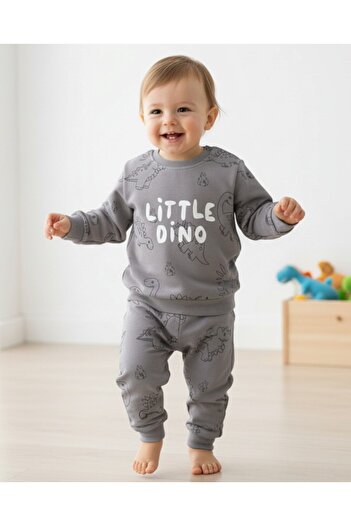 Ege Bebek Baby Boy Little Dino Printed 6-9-12-18-24 Months Seasonal, Long Sleeve 2 Thread Baby Set