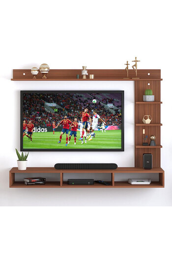 Modern home Wood Wall Mount TV Unit With side and top shelves for TVs up to 55 Inches 160cm Brown
