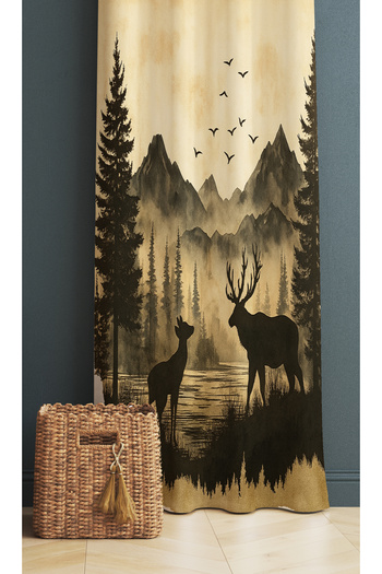 Else Dekor Mountain View Deer Patterned Digital Print Background Curtain 140X260Cm
