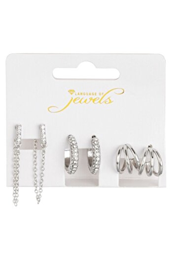 SHOPIENS Set de cercei Language of Jewels, 3 perechi, argint, cercei tripli și pietre cu lanț