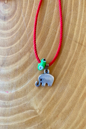 Shepidi Silver Elephant,Green Glass Bead Red Auger String Necklace