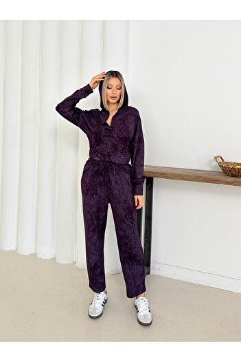 LE CARAMBOLE Women's Purple Hooded Blouse Pants Bottom Top Set