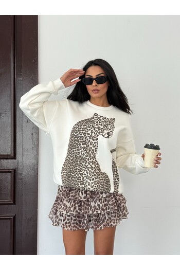 NOA LİNE Women's Oversize Soft Textured Leopard Pattern Sweatshirt