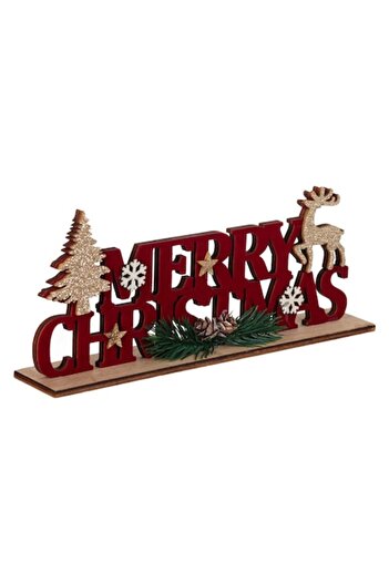 SHOPIENS Christmas Decoration, Merry Christmas, Velvet Wood, Red, 21.5x4x9.5cm
