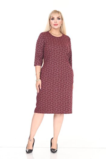 modayız Double Pocket Patterned Stretchy Winter Plus Size Midi Dress 45C-2713