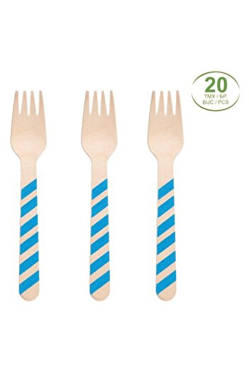 SHOPIENS Wooden Forks Set, Blue Stripes, 16 cm, 20 Pieces