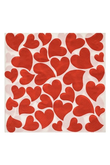 OEM Napkins with Red Heart Design, 33x33cm, Set of 20, White and Red, 2 Layers