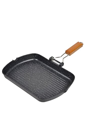 SHOPIENS Non-stick Grill Pan, Folding Handle, 33.5x45 cm, Aluminum, Black - MYONNA