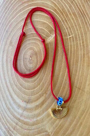 Shepidi Gold Fan, Blue Glass Bead Red Auger Rope Necklace