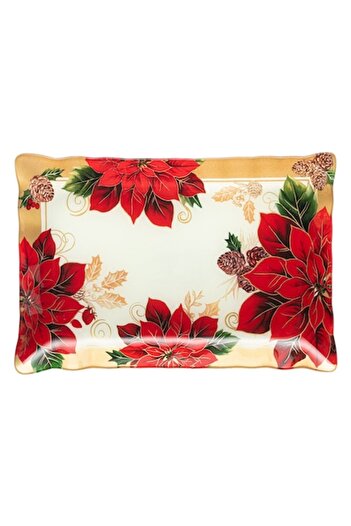 SHOPIENS Glass Platter, Poinsettia Pattern, Wavy Border, Rectangular, Multicolor, 31x21 cm