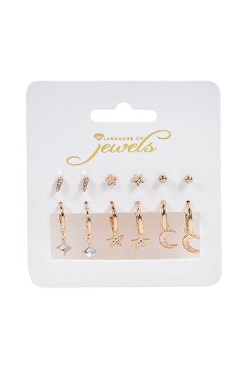 ANTBRO Set Earrings, Language of Jewels, Gold, 6 Pairs, Stars, Moon