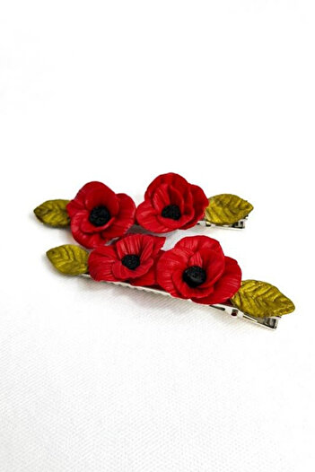 Uretti - Hülya 6683 Handmade Poppy Flower Patterned Polymer Clay Set of 2 Side Hair Clips / 7.5 cm