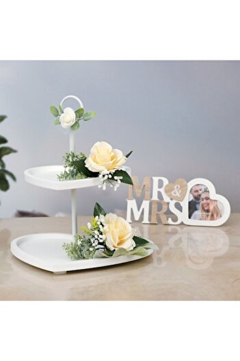 SHOPIENS Mr&Mrs 2-Tier Heart-Shaped Wooden Cake Stand, White