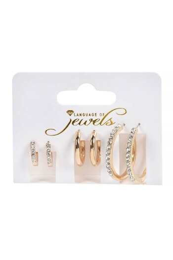 ANTBRO Set Earrings Language of Jewels, 3 Pairs, Golden, Shiny Rhinestones