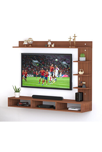 Modern home Wood Wall Mount TV Unit With side and top shelves for TVs up to 55 Inches 160cm Brown