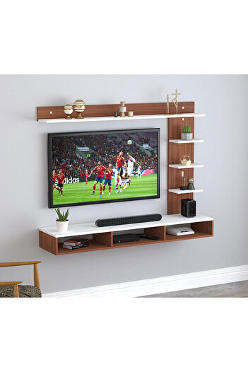Modern home Wood Wall Mount TV Unit With side and top shelves for TVs up to 55 Inches 160cm White with Brown