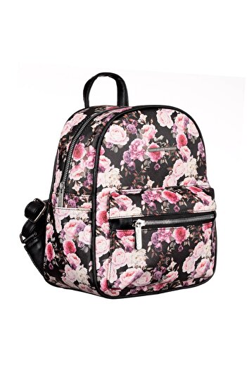 SHOPIENS Black Floral Backpack for Women Shopiens®, made of PU, with spacious compartments, 24 x 12 x 27 cm