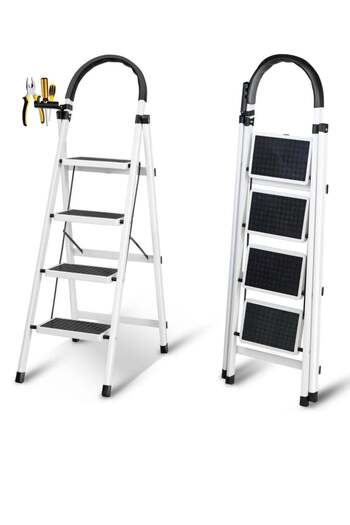 Bukela Foldable Ladder 4 Steps, Home Ladder Folding Step Stool with Wide Anti-Slip Pedal, Adults Fol